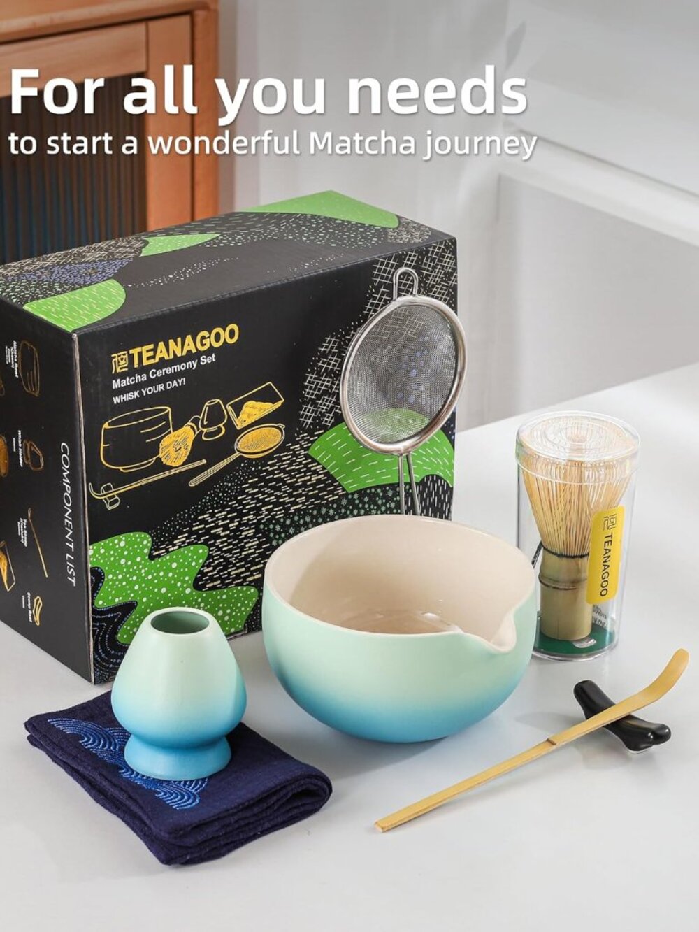 Matcha Set - 7 Piece Matcha Whisk, Ceramic Bowl, Sifter, Scoop, Towel, Holders